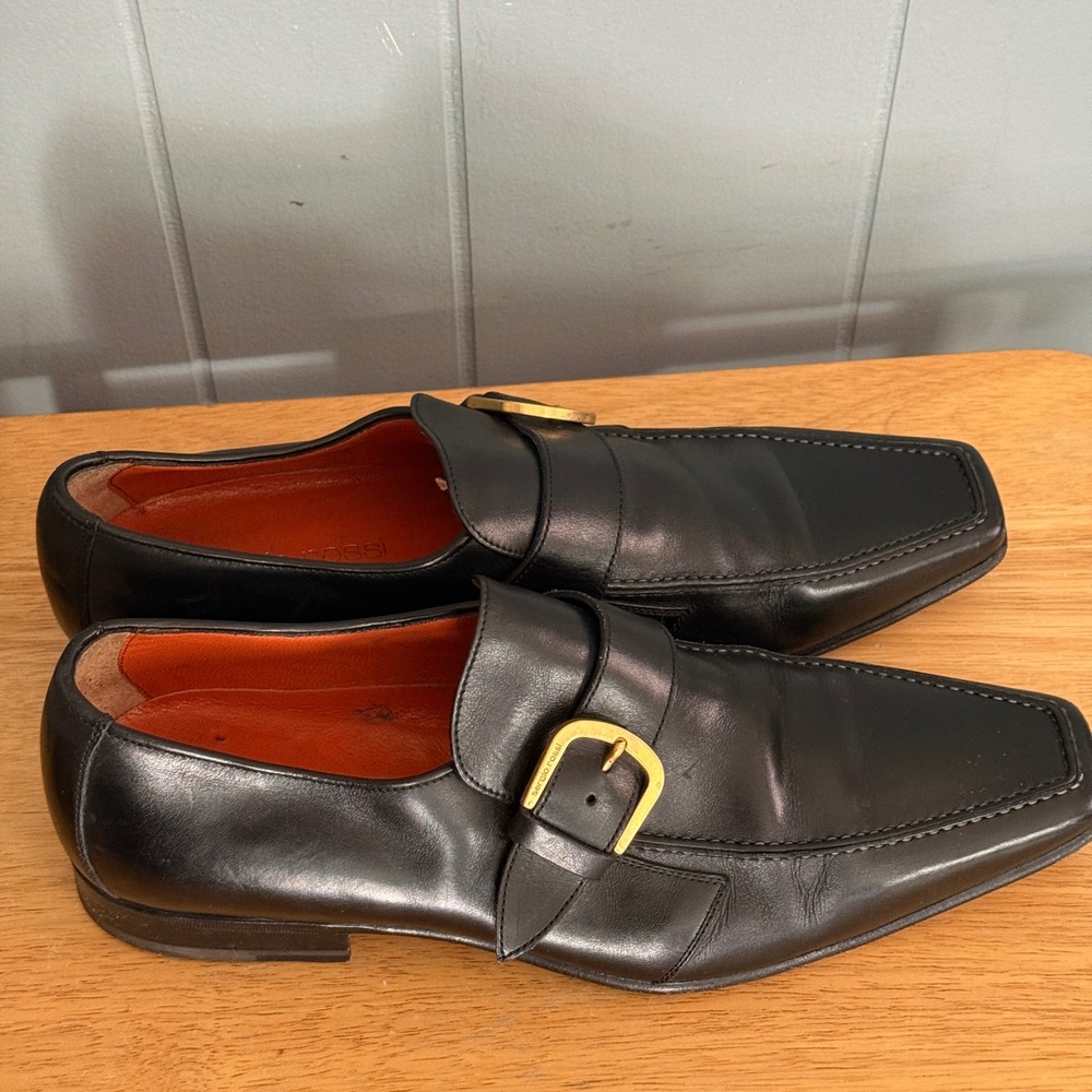 Sergio Rossi Black Leather Square Toe Buckle Monk Strap Loafers Mens EU 43 Italy